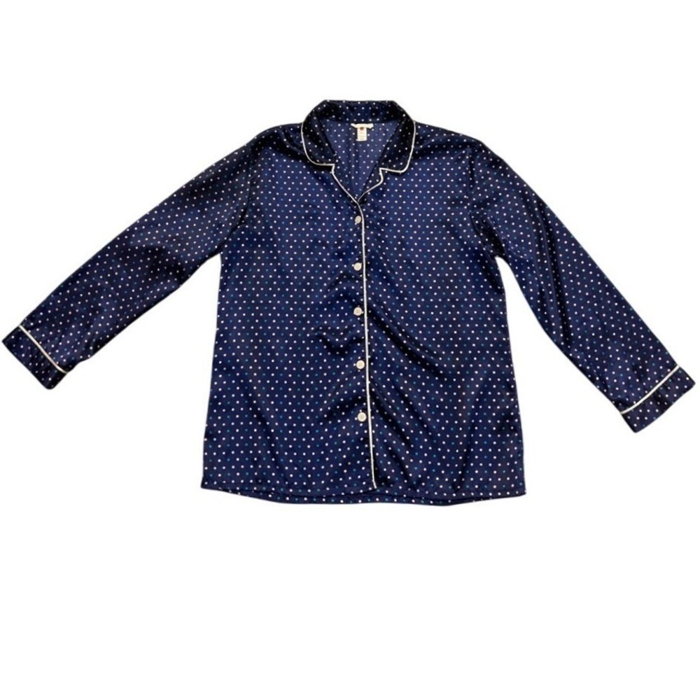 Women's Navy Polka Dot Satin Pajama Top Contrast Piping Sz large silky satin